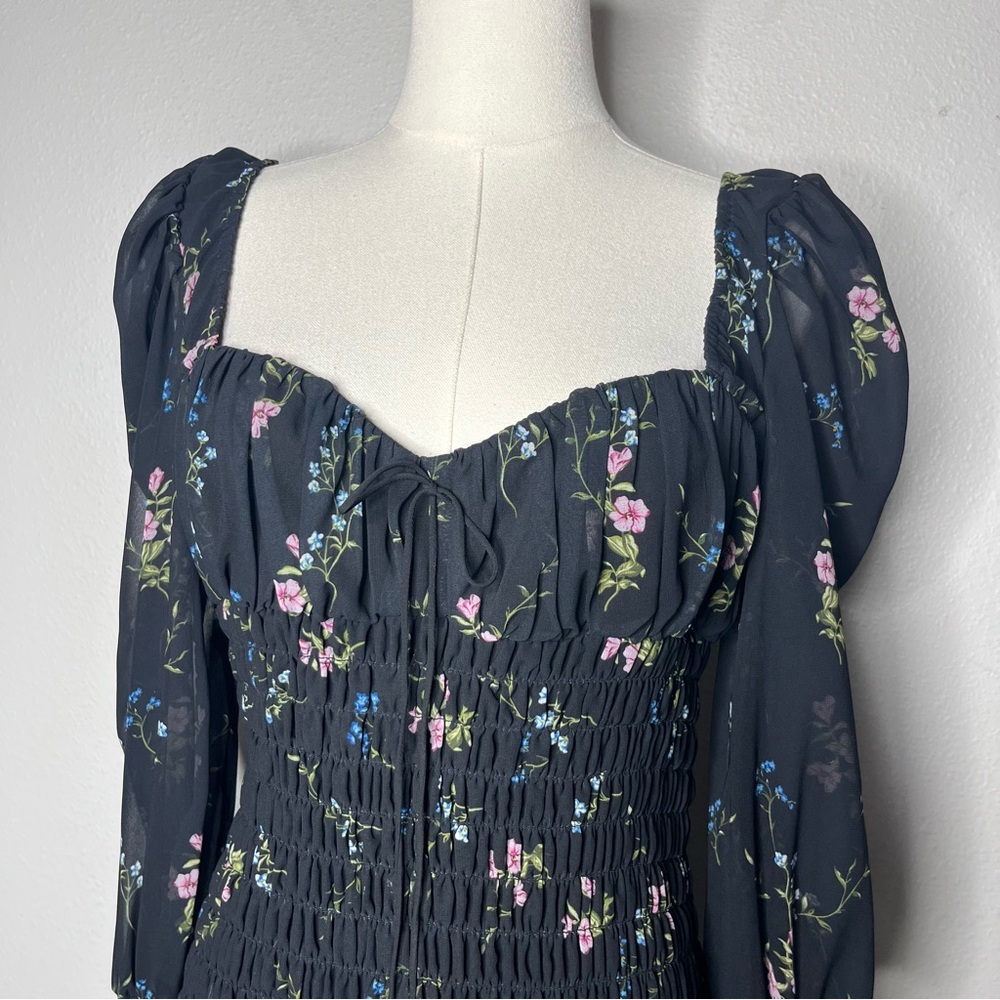 For Love & Lemons Black Floral Long Sleeve Smocked Dixon Mini Skirt - Picture 4 of 10